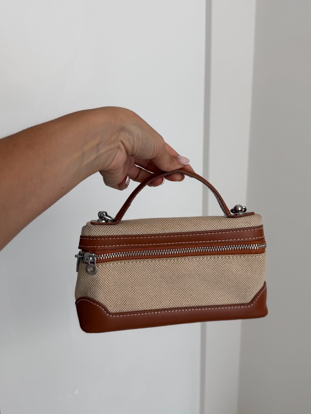 Canvas and Leather Top-Handle Cosmetic Case - Cream & Brown